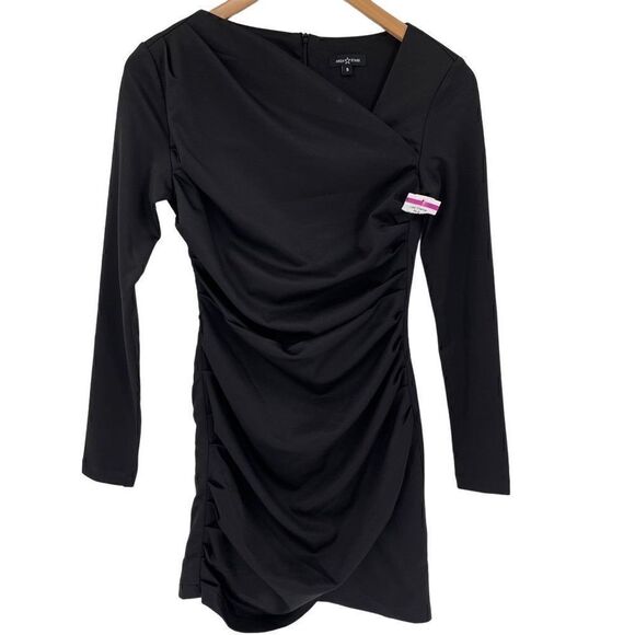 Area Stars Asymmetric Long Sleeve Crepe Bodycon Mini Dress Black Women Small NWT - Picture 2 of 6